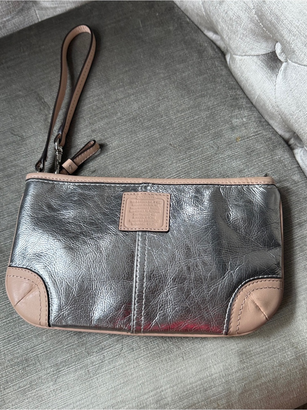 Coach Metallic Silver Large Wristlet Bag Tan Trim Wallet Clutch Pouch Like New
